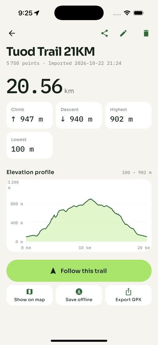 Trail detail: 20.56 km, 947 m climb, elevation profile, Follow this trail button