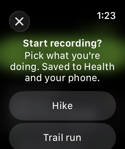 Start recording on Apple Watch: pick Hike or Trail run